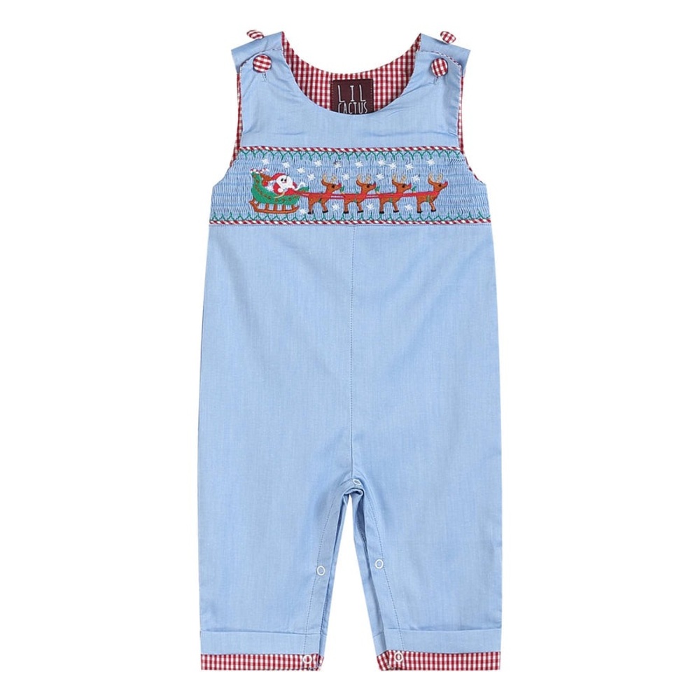 Blue Kids Overalls with Reindeer Embroidery